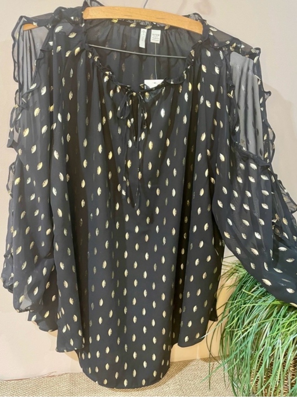 Black Sheer Blouse with Gold Leaf Dot Print